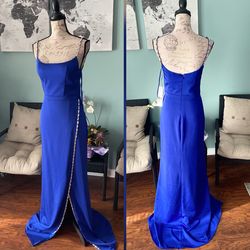 Jovani Blue Size 2 Appearance Floor Length Side Slit Jewelled Straight Dress on Queenly