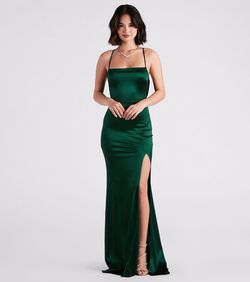 Style 05002-6934 Windsor Green Size 16 Homecoming Square Neck Side slit Dress on Queenly