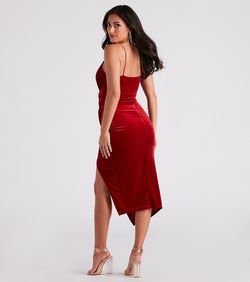 Style 05001-1234 Windsor Red Size 4 V Neck Tall Height Velvet Strapless Side slit Dress on Queenly