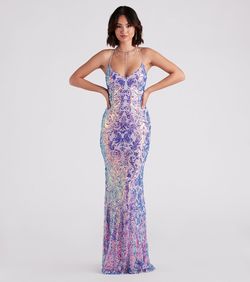 Style 05002-4053 Windsor Purple Size 0 V Neck Tall Height Plunge Sequin Mermaid Dress on Queenly