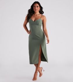 Style 05101-2099 Windsor Green Size 0 Jersey Floor Length V Neck Shiny Side slit Dress on Queenly