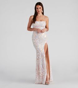 Style 05002-1163 Windsor White Size 4 Print Sheer Floor Length Side slit Dress on Queenly