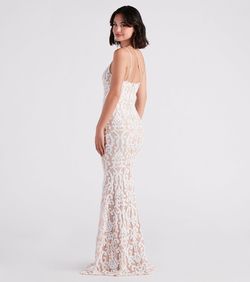 Style 05002-3149 Windsor White Size 8 Sheer Sequin Tall Height Embroidery Mermaid Dress on Queenly