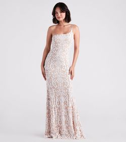 Style 05002-3149 Windsor White Size 8 Sheer Sequin Tall Height Embroidery Mermaid Dress on Queenly