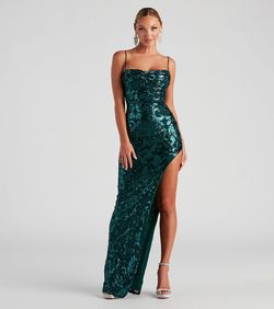 Style 05002-2631 Windsor Green Size 4 Floor Length Sheer Jewelled Side slit Dress on Queenly