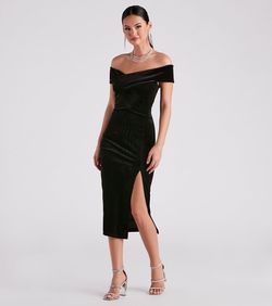 Style 05001-1402 Windsor Black Size 8 Tall Height Velvet Jersey Side slit Dress on Queenly