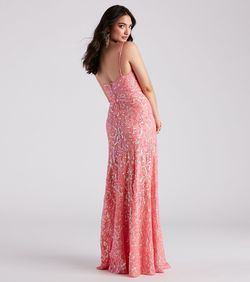 Style 05002-3253 Windsor Pink Size 4 Floor Length Sheer Jewelled Side slit Dress on Queenly