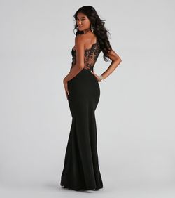 Style 05002-6731 Windsor Black Size 4 A-line Sheer Prom Lace Mermaid Dress on Queenly