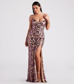 Style 05002-2898 Windsor Purple Size 8 Sequined Floor Length Mermaid Side slit Dress on Queenly