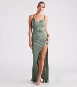 Style 05002-7033 Windsor Green Size 0 Wedding Guest Jersey Shiny Side slit Dress on Queenly