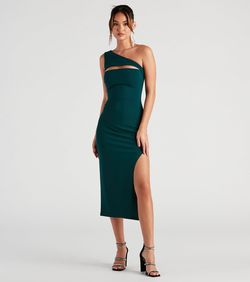 Style 05001-1342 Windsor Green Size 0 One Shoulder Tall Height Cut Out Side slit Dress on Queenly