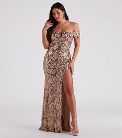 Style 05002-3848 Windsor Gold Size 0 Sheer Tall Height Padded Prom Side slit Dress on Queenly