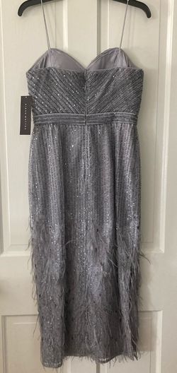 Aidan Mattox Silver Size 4 Midi Feather Shiny Cocktail Dress on Queenly