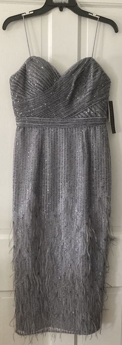 Aidan Mattox Silver Size 4 Midi Feather Shiny Cocktail Dress on Queenly