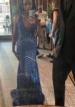 Jovani Blue Size 0 Prom Floor Length Jewelled Train Dress on Queenly