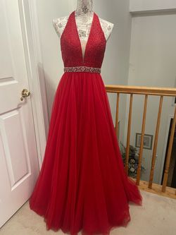 Sherri Hill Red Size 0 Beaded Top Halter Floor Length Ball gown on Queenly