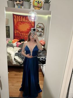 David's Bridal Blue Size 8 Floor Length Side slit Dress on Queenly