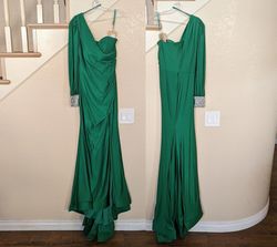 Style Emerald Green One Shoulder Long Sleeve Jersey Mermaid Ball Gown Amelia Couture Green Size 8 Jersey Polyester Mermaid Dress on Queenly