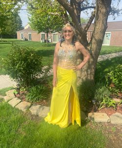 Jovani Yellow Size 2 Floor Length Sweetheart 50 Off High Neck Side slit Dress on Queenly