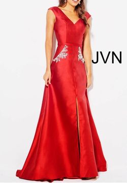 Jovani Bright Red Size 4 Floor Length Side Slit Jewelled Mermaid Dress on Queenly