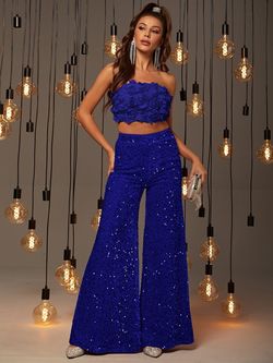 Style FSWU0357 Faeriesty Blue Size 8 Tall Height Sequined Polyester Jumpsuit Dress on Queenly