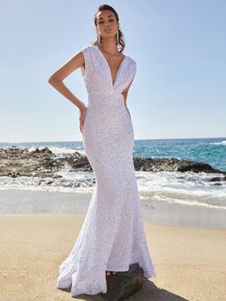 Style FSWD0401 Faeriesty White Size 8 V Neck Jewelled Backless Floor Length Polyester Straight Dress on Queenly