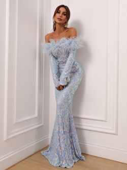 Style FSWD0324 Faeriesty Blue Size 12 Long Sleeve Sequined Feather Prom Tall Height Straight Dress on Queenly