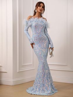 Style FSWD0324 Faeriesty Blue Size 12 Long Sleeve Sequined Feather Prom Tall Height Straight Dress on Queenly