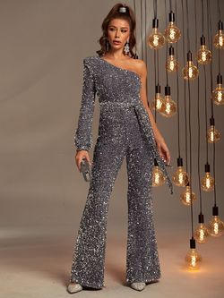 Style FSWB0047 Faeriesty Silver Size 4 One Shoulder Prom Long Sleeve Tall Height Jumpsuit Dress on Queenly