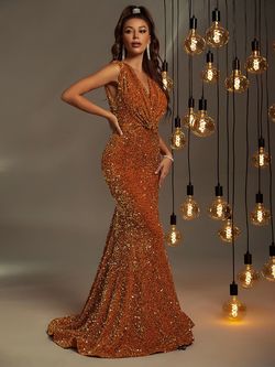 Style FSWD0401 Faeriesty Orange Size 12 Prom V Neck Sequin Straight Dress on Queenly