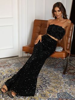 Style FSWU0357 Faeriesty Black Size 4 Strapless Jersey Sequin Polyester Jumpsuit Dress on Queenly
