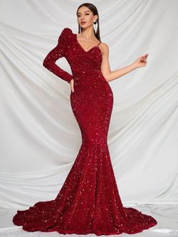 Style FSWD8016 Faeriesty Red Size 0 Sequin V Neck Long Sleeve Mermaid Dress on Queenly