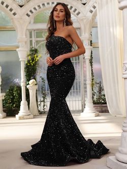 Style FSWD0588 Faeriesty Black Size 4 Tall Height Sequined Polyester One Shoulder Mermaid Dress on Queenly