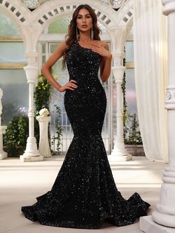 Style FSWD0588 Faeriesty Black Size 4 Sequined Military One Shoulder Mermaid Dress on Queenly