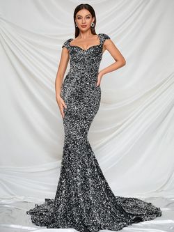 Style FSWD0397 Faeriesty Silver Size 8 Sequined Sweetheart Jersey Mermaid Dress on Queenly