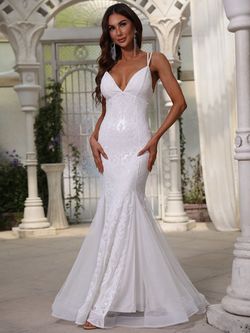 Style FSWD0673 Faeriesty White Size 12 Spaghetti Strap Jewelled Sheer Plus Size Mermaid Dress on Queenly