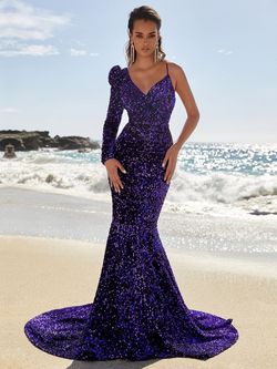 Style FSWD8016 Faeriesty Purple Size 4 One Shoulder Sequined Mermaid Dress on Queenly