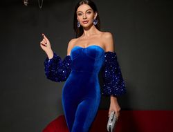 Style FSWB0013 Faeriesty Blue Size 0 Sequin Fswb0013 Long Sleeve Jumpsuit Dress on Queenly