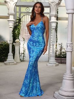 Style FSWD0681 Faeriesty Blue Size 0 Sequin Military Floor Length Mermaid Dress on Queenly