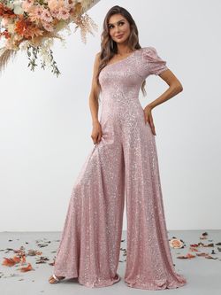 Style FSWB7004 Faeriesty Pink Size 4 Rose Gold Sequin Appearance Jumpsuit Dress on Queenly