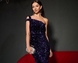 Style FSWD0425 Faeriesty Purple Size 4 Sequined Polyester Fswd0425 One Shoulder Jersey Mermaid Dress on Queenly