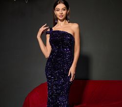 Style FSWD0425 Faeriesty Purple Size 4 Sequined Polyester Fswd0425 One Shoulder Jersey Mermaid Dress on Queenly