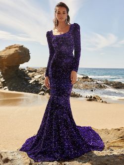 Style FSWD0382 Faeriesty Purple Size 0 Floor Length Square Neck Sleeves Jewelled Mermaid Dress on Queenly