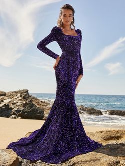 Style FSWD0382 Faeriesty Purple Size 4 Jersey Long Sleeve Sequined Prom Tall Height Mermaid Dress on Queenly