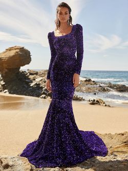 Style FSWD0382 Faeriesty Purple Size 4 Square Neck Jersey Military Tall Height Mermaid Dress on Queenly