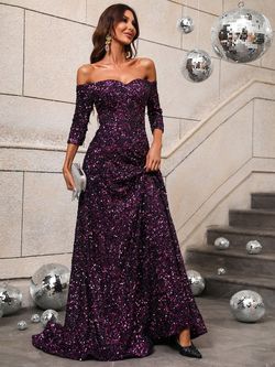 Style FSWD0427 Faeriesty Purple Size 4 Floor Length Sequined Sleeves A-line Dress on Queenly