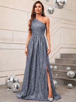 Style FSWD0431 Faeriesty Silver Size 0 Sequined One Shoulder A-line Dress on Queenly