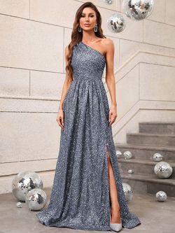 Style FSWD0431 Faeriesty Silver Size 8 Military Sequin Floor Length One Shoulder A-line Dress on Queenly