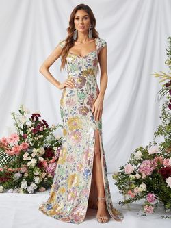 Style FSWD0747 Faeriesty Multicolor Size 4 Sequined Floral Side slit Dress on Queenly
