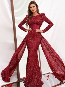 Style FSWD0410 Faeriesty Red Size 4 Military Sequined Long Sleeve Jewelled Mermaid Dress on Queenly